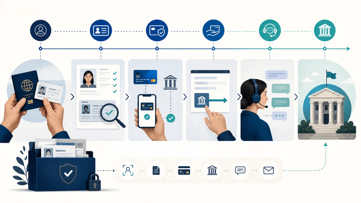 Illustration av dokumentation för KYC, uttag och ett klagomålsärende